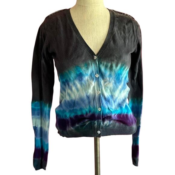 Womens Cardigan Size Small Black Blue Tie Dye Hippie Reworked Handmade Sweater - Picture 1 of 7